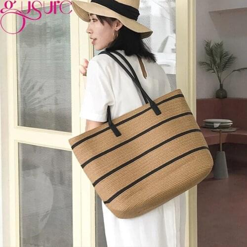 Gusure Straw Stripe Woven Totes Bag For Women New Design Large Capacity Summer Fashion Simple Handbag Female Travel Shoulder Bag