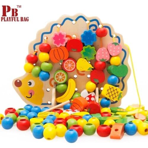 Yizhi Beaded Building blocks series of hedgehog fruit string beads to wear wooden toys to wear rope games