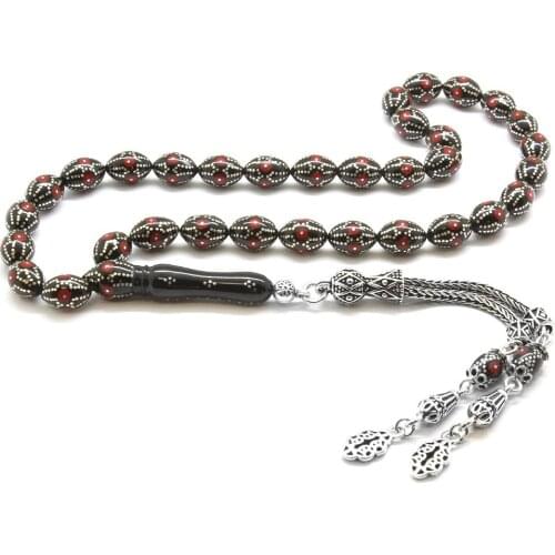 Tesbihane 925 Sterling Silver Tassels Silver-Coral Processing Barley Cut Erzurum Oltu stone Rosary