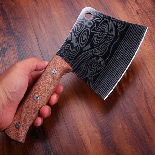 Stainless Steel Thickened Cleaver Laser Damascus Pattern Forged Axe Knife Bone Chopping Knife Slaughter Knives Kitchen Tools