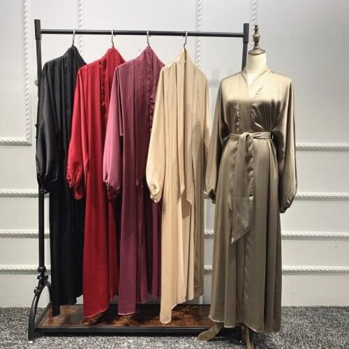 High Quality Dubai Abaya Party Dresses Elegant Women Pure Color Satin Cardigan Fashion Muslim Kimono Style Loose Robe Caftan