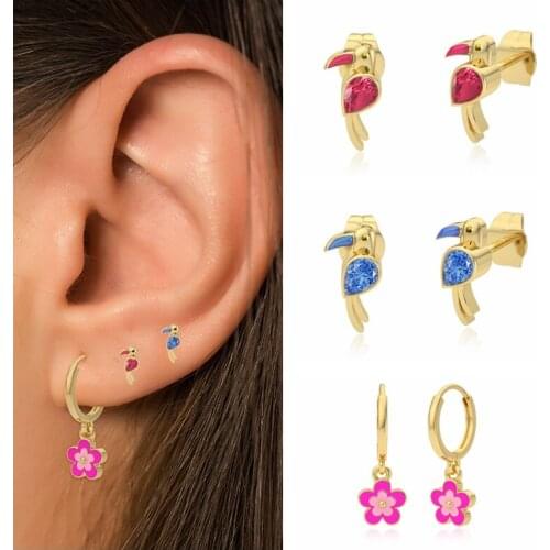 CANNER DIY Jewelry Set Real S925 Silver Stud Earrings For Women Girl Love bird CZ Enamel Pink Hoops Engagement Gift accesorios
