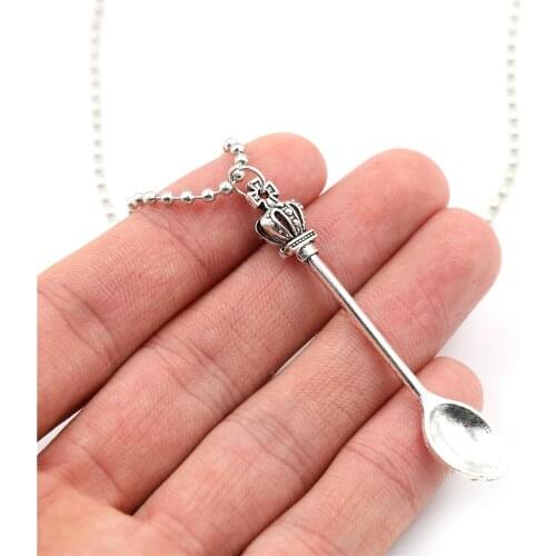 2019 Fashion 1PC Crown Mini Tea Spoon Pendant Necklace Silver Long Chain Charm Women Sweater Jewelry Party Gift Beauty Decor New