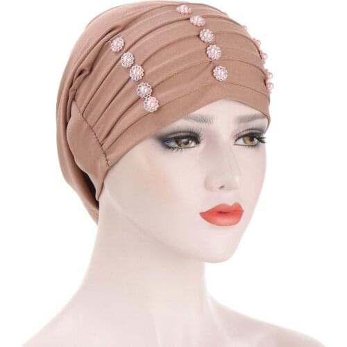Women Turban Hat Muslim Hijab Islamic Beads Cancer Chemo Cap Ladies Hijab Stretch Nail Flowers Hijab Cap Muslim Scarf
