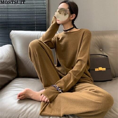 Solid Loose Knitted Pants Set Women Full Sleeve Sweater + Wide Leg Pants Set 2021 Autumn Winter Vintage Elegant Two Piece Set