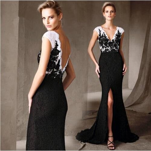 Vestido de festa black and white lace long prom slit 2018 new hot sexy backless v-neck mermaid evening mother of the bride dress