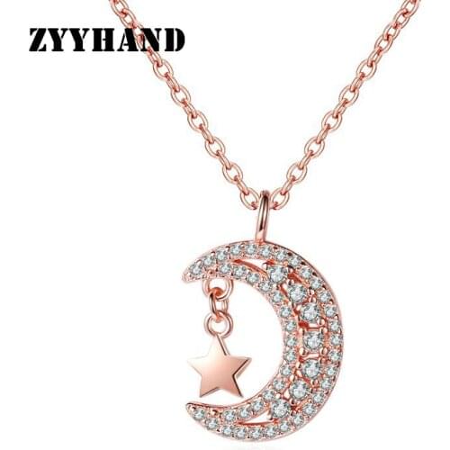 Rose-Gold Moon Star Women Clean Stone Necklace Girl Cross Chain Simple Style AAA Zircon Lady Wedding Neck Jewelry