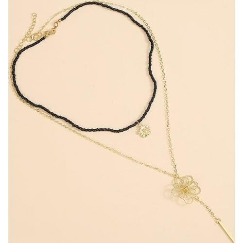 2 Pcs/Set Women Boho Iron Wire Weave Hollow Flower Pendant Necklace Bohemian Ethnic Handmade Beaded Long Chain Layered Necklace
