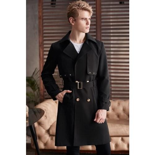 2020 Autumn Europe Mens Knee-length Trench Coat Young Man New Style Long Sleeve Double Breasted Windbreaker Male Black Outwear