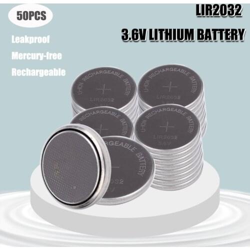 50pcs LIR2032 3.6V button battery Machinable soldering feet Rechargeable battery Replace CR2032