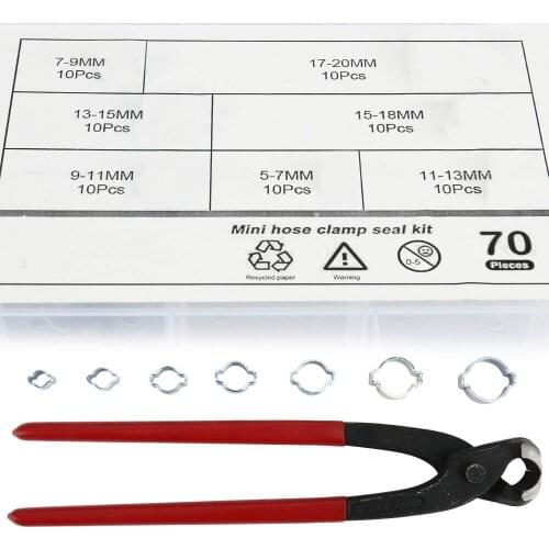 70Pcs Zinc Plated Double Ear Hose Fuel Clamp with Standard Jaw Pincers Kit