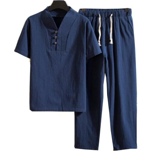 Camisa + Pantalones), camisa a la moda de verano del 2020 para hombre, camisas de algodón y lino, camisas casuales de manga cor