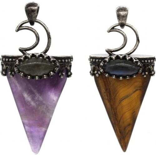 KFT Natural Healing Crystal Quartz Labradorite Stone Crescent Moon Pendant Triangle Shape Chakra Reiki Amulet Necklace Jewelry