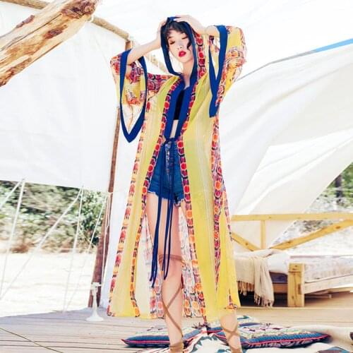 Summer Women Kimonos Blouse Hooded Long Sleeve Floral Chiffon Print Cardigan Ethnic Feminino Vintage Sunscreen Beach Shirt Tops