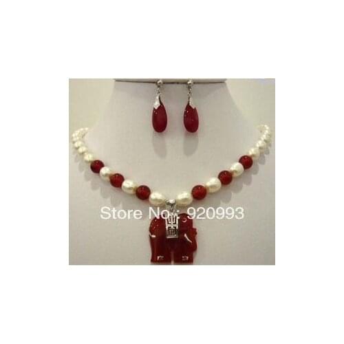 White pearl red Natural red jade elephant pendant necklace earring set