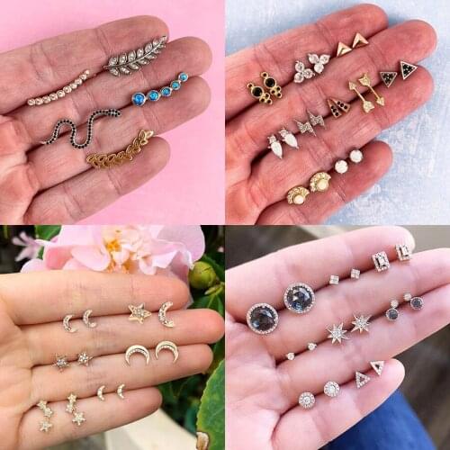 Bohemian Style Personality Female Earrings Leaf Snake Black Crystal Gold Stud Earring Set Women Dance Party Piercing Jewelry Set