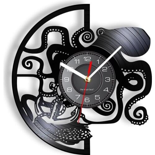 Black Octopus Wall Clock Made Of Real LP Vinyl Record Sea Animal Devilfish Home Decor Silent Non-Ticking Wall Watch For Bedroom