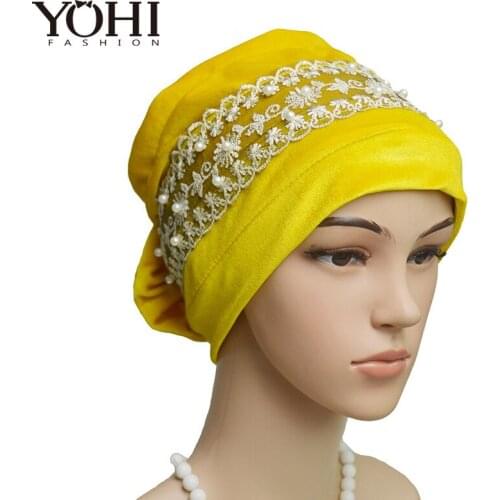 2018 New Fashion velvet lace pearl head hat Baotou Ladies Hat Church Cap Women Hijab turbante