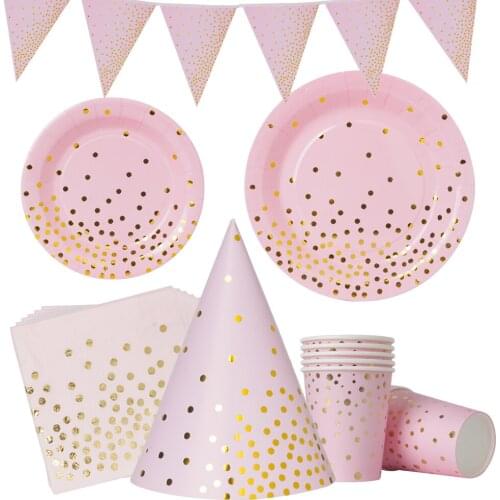 Pink Gold Foil Paper Adult Birthday Party Disposable Paper Cup Adult Decoration Disposable Paper Plate Set Anniversary Decorati