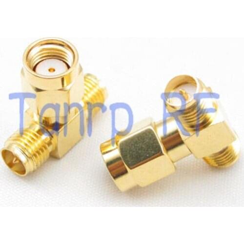 Wholesale T type RP-SMA male plug to 2 double RP-SMA female jack RF Antenna Connector Adapter