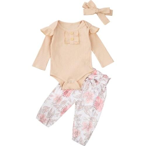 0-24M Autumn Newborn Baby Girls Clothes Sets Flowers Print Ruffles Long Sleeve Romper Pants Headband 3pcs Outfits