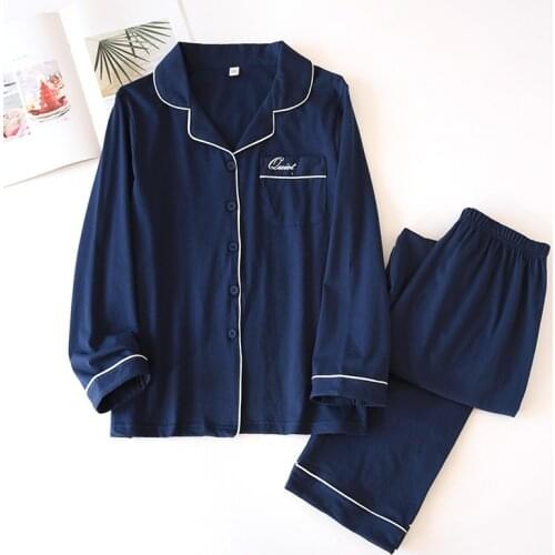 Spring and Autumn Couples Pajamas Cotton Solid Color Lapel Cardigan Long Sleeve Trousers Two-Piece Casual Comfortable Homewear