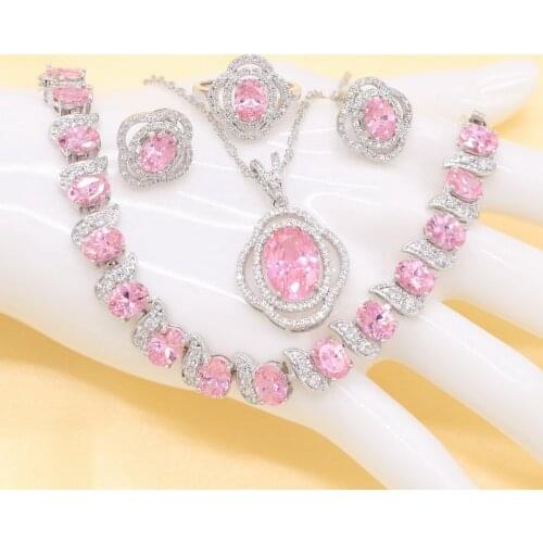 Silver Jewelry Sets For Women pink Semi-precious Earrings Bracelet Rings Necklace Pendant Bridal Wedding Jewelry
