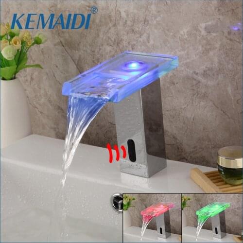 KEMAIDI Chrome Polished Water Saving Led Light Basin Faucet Automatic Bathroom Basin Mixer Taps Waterfall Sensor Faucet Bath Tap