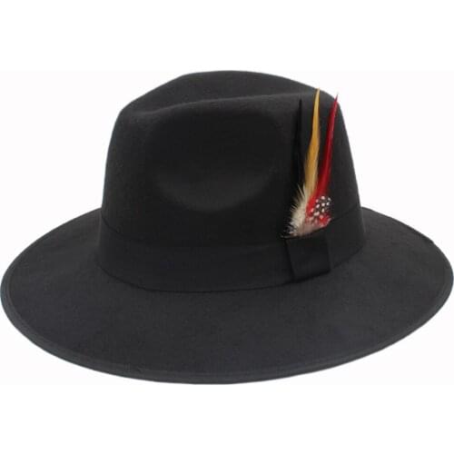 Unisex Men Women Retro Wool Fedora Derby Trilby Hat Black Ribbon Pheasant Feathers Band Bowler Gangster Cap (One Size 58cm)