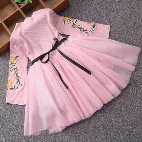 Spring Flowers Embroidery Girl Dress Children Clothing Flare Sleeve Kids Clothes Party Princess Dress Ball Gown 2Color 3-10Y