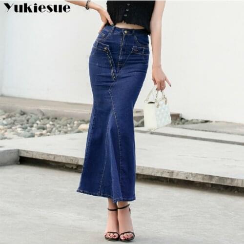 Slim High Waist Midi Jean long Skirt Women skinny trupmet mermaid Streetwear Skirts Female Denim Skirts 2019 Spring Summer