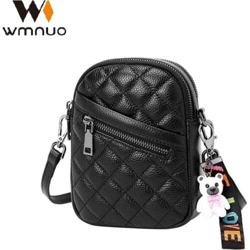 Wmnuo 2021 Phone Bag Women Double Zipper Vertical Lattice Mini Cow Leather Crossbody Shoulder Bag Ladies Money Coin Bag