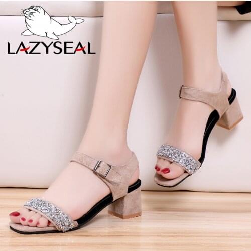 LazySeal Square Heels Women Sandals Heels Summer Gladiator Women Shoes Crystal String Bead Slippers Fashion Women Sandals