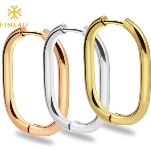 FINE4U E273 Square Huggie Hoop Earrings for Women Stainless Steel Rectangular Square Hoop Earrings