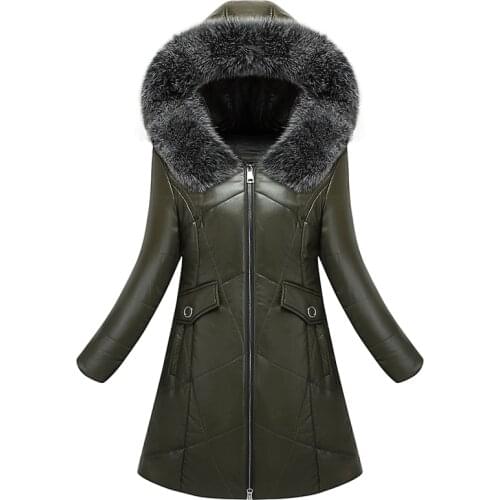 Woman Parkas Large Size Clothing Winter Faux Sheepskin Long Jacket Fur Collar Thicken Camel-Padded Coat Female Leather Outerwear