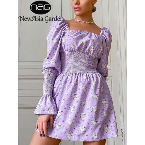 NewAsia Fall Floral Dress Puff Sleeve Mini Print Ruched Square Neck Elastic Waist Long Sleeve Robe White Dresses for women 2021