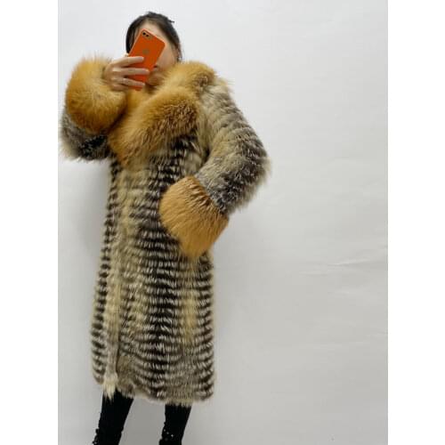 Winter Warm Woman Fox Fur Coat Striped Coat With Big Fox Fur Collar High Quality Fashion Female Plush Coats QD.YISHANG