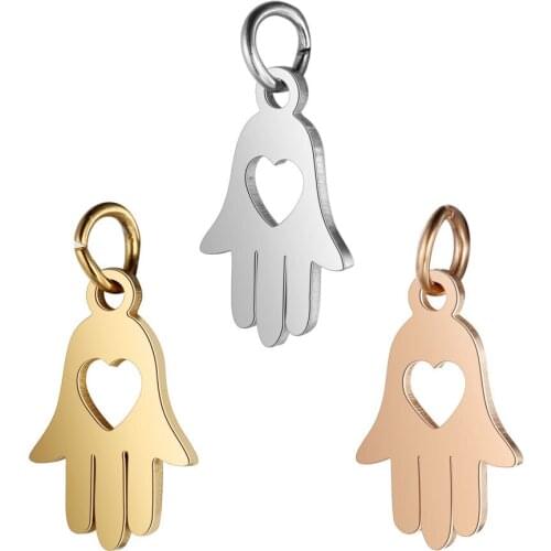 5pcs/lot 10*19mm Stainless Steel HAMSA Palm Heart Pendant Bracelet Charms DIY Crafting Jewelry Making Handicraft Accessories