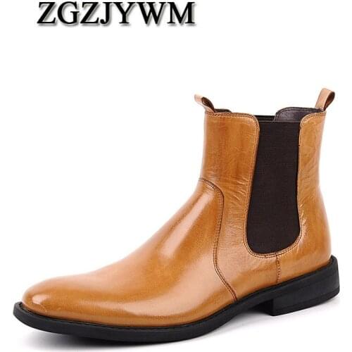ZGZJYWM Autumn/Winter Genuine Leather Black/Brown Pointed Toe Cowhide Mens Brogue Wedding Office Ankle Slip-On Footwear Boots