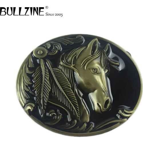 Bullzine western horse cowboy jeans belt buckle with antique brass finish FP-02209-1 suitable for 4cm width snap on belt