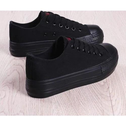 Far-step canvas shoes womens all-black student shoes autumn with muffin thick bottoms to increase the work shoes women