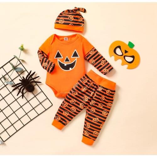 Three Piece Baby’s Clothes Halloween Pumpkin Printed Long Sleeve Romper and Trousers with Hat