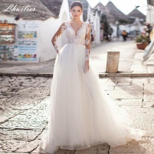 Lhuilier Elegant A-line Beach Tulle Wedding Dresses 2020 Floor Length High Waisted Sweep Train Long Sleeves Lace Bridal Dress