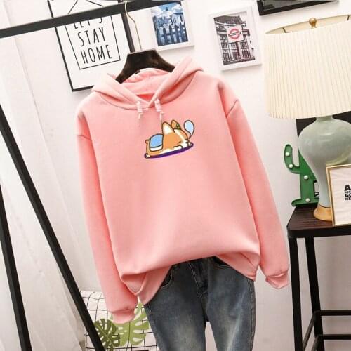 Cute Sleeping Shiba Inu Dog Print Fleece Hoodies Hooded Pullover Sweatshirts Harajuku Lady Girls Teens Autumn Warm Winter Tops