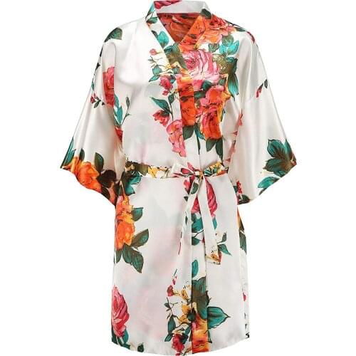 Womens Satin Robe Short Floral Bridesmaids White Robes Kimono Dressing Gowns Lounge Robe Sleepwear