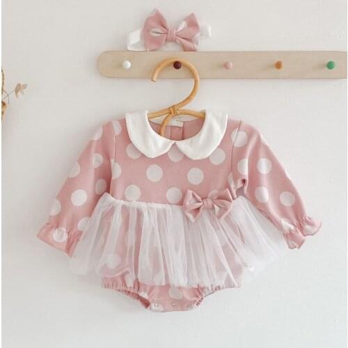 Lovely Cozy Spring Baby Girls Tulle Dress Pink Polka Dot Long Sleeve Petal Collar Jumpsuit for Toddler Girls Costumes Children