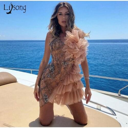 Fashion Champagne Beaded Short Cocktail Dresses 2021 Sexy Crystal Beaded Mini Formal Party Dresses Ruffles Tulle Summer Dress