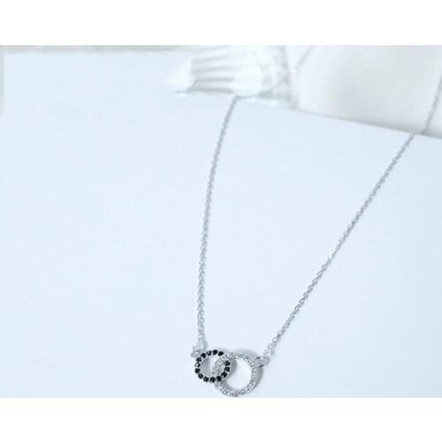 925 Sterling Silver Charming Mosaic Zircon Black And White Interlock Circle Necklaces For Women Chain Necklace Jewelry S-N345