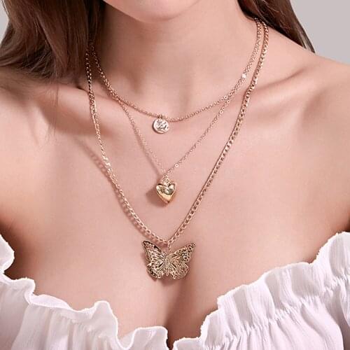 New Simple Style Multi-layer Necklace Women Lovely Heart Butterfly Pendant Wedding Chain Girls Rhinestone Necklace Y2K Jewelry