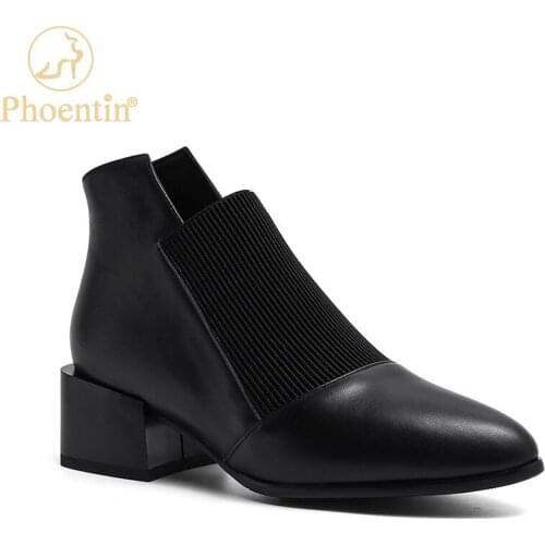 Phoentin 2020 boots women chelsea elastic band patchwork medium heels shoes for women leather khaki plus size footwear FT1178